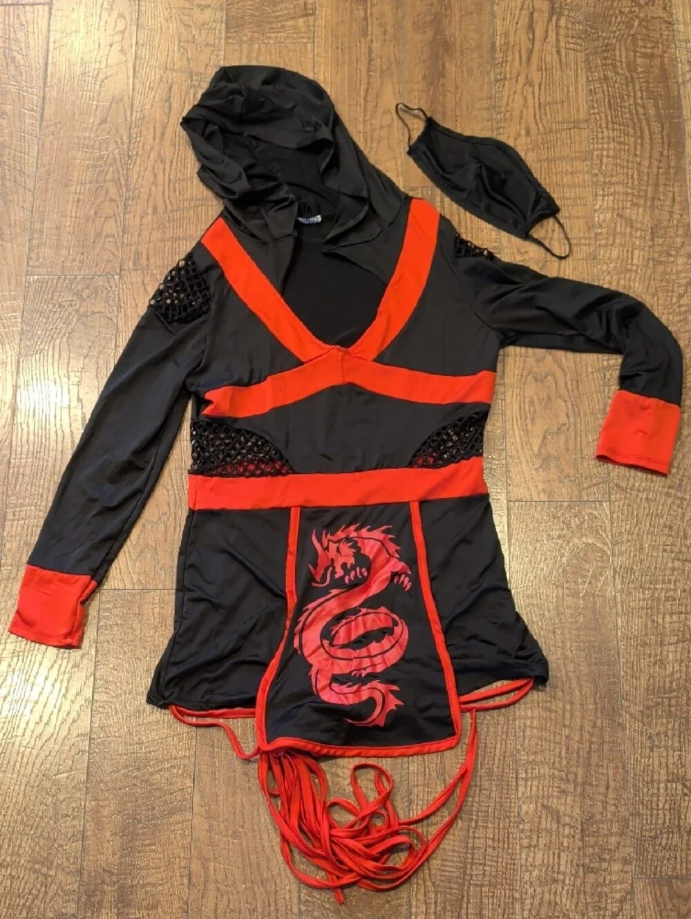 Women's Red & Black Ninja Costume - Hooded Romper with Mask (M)